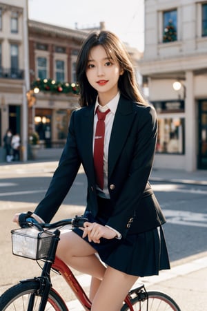 Photography, (Highest Quality, Masterpiece: 1.2), 8K, HDR, Photorealism, (Film Framing: 1.3), (Vivid Colors: 1.2), Fine Detail & Textures, Masterpiece, Highest Quality, Super Detail, Charming Smile, Perfect, Hands, detailed face, Korean girl, black hair, brown eyes, black leather skirt, basic collar neck suit uniform, (riding a bike on the road), (Christmas decorations on the building), (small lights are twinkling), school look color Tie, leather jacket, black boots,