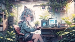 best quality,  extremely detailed, HD,  8k,  extremely intricate:1.3, nice hands, little girl sitting at computer desk, cute, smile, room, BiophyllTech,LOFI, five fingers