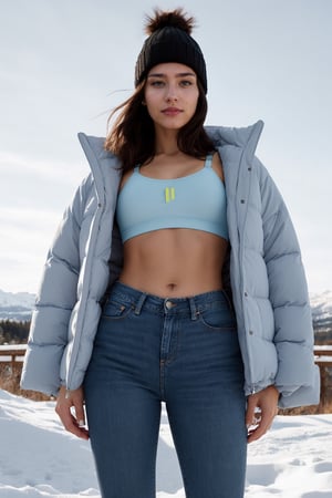 a 25 year old women wearing a sport bra and a winter jacket , with light blue jeans, abs,Realism,Portrait