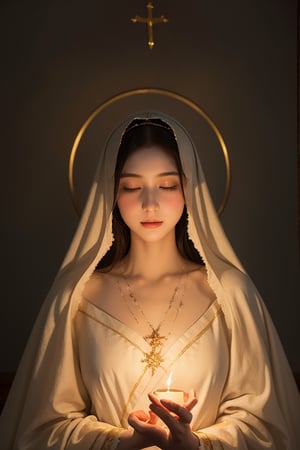 Gentle and serene depiction of the Virgin Mary, iconic religious figure, radiant and compassionate, soft and comforting lighting, sacred atmosphere, traditional artwork, delicate brushwork, peaceful colors, religious painting.