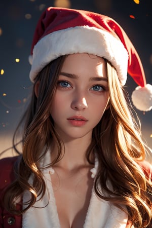 a 20 years old woman, santa clothes, santa hat (mid long wavy ginger or blonde or brown hair) wind ((Barbara Palvin:0.7), (Madison Beer:0.3)), christmas theme, soothing tones, muted colors, high contrast, (natural skin texture, hyperrealism, dramatic light, sharp) artistic photoshoot