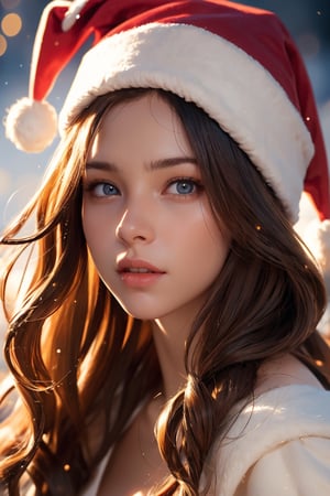 a 20 years old woman, santa clothes, santa hat (mid long wavy ginger or blonde or brown hair) wind ((Barbara Palvin:0.7), (Madison Beer:0.3)), christmas theme, soothing tones, muted colors, high contrast, (natural skin texture, hyperrealism, dramatic light, sharp) artistic photoshoot