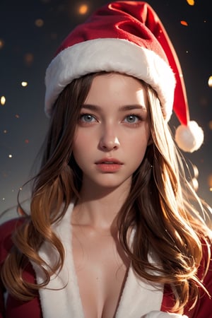 a 20 years old woman, santa clothes, santa hat (mid long wavy ginger or blonde or brown hair) wind ((Barbara Palvin:0.7), (Madison Beer:0.3)), christmas theme, soothing tones, muted colors, high contrast, (natural skin texture, hyperrealism, dramatic light, sharp) artistic photoshoot,full_body