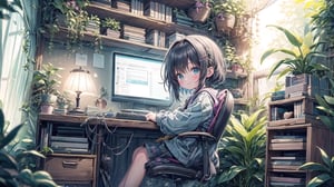 best quality,  extremely detailed, HD,  8k,  extremely intricate:1.3, nice hands, little girl sitting at computer desk, cute, smile, room, BiophyllTech,LOFI