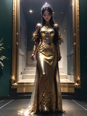 Shiny glitzy golden armor, crystal embroidery, gem stones, roman goddess dress, Highres, best quality,phcrystal,glitter,eungirl
