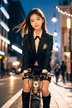 Photography, (Highest Quality, Masterpiece: 1.2), 8K, HDR, Photorealism, (Film Framing: 1.3), (Vivid Colors: 1.2), Fine Detail & Textures, Masterpiece, Highest Quality, Super Detail, Charming Smile, Perfect, Hands, detailed face, Korean girl, black hair, brown eyes, black leather shorts, basic collar neck suit uniform, (riding a motorcycle on the road), (Christmas decorations on the building), (small lights are twinkling), school look color Tie, leather jacket, black leather boots,