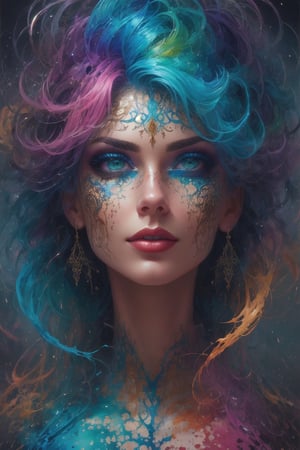 Colorful beautiful woman, a woman 30-years old, multiple color messy hair, watercolor, nice perfect face, multiple colors, intricate detail, splash screen, 8k resolution, masterpiece, cute face,art station digital painting smooth veryBlack ink flow, 8k resolution photorealistic masterpiece, intricately detailed fluid gouache painting, calligraphy, acrylic, watercolor art, professional photography, natural lighting, volumetric lighting maximalist, complex, elegant, expansive, fantastical