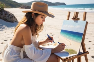 On a beautiful coast with a white sandy beach, a beautiful 23-year-old woman is drawing a picture of the coast on canvas.
 cowboy shot,
,photo r3al,18yo girl