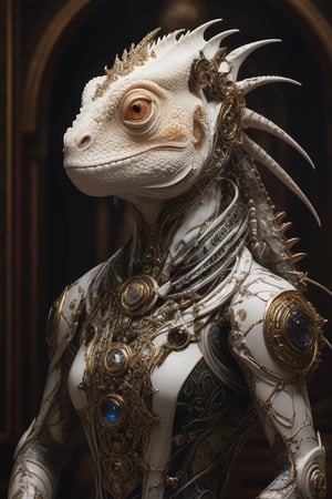 Gothic art-style portrait featuring a biomechanical, mutated albino chameleon with iron ant elements, tattoo patterns inscribed on its body, posed against an epic, royal background with lush nature, royal uncropped crown adorning its head, royal jewelry entangled with robotic enhancements, full shot, composition honoring the golden ratio, matte painting technique reminiscent of a movie poster, strong influence by Artgerm, B