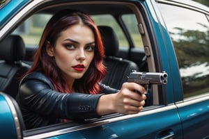 A captivating portrait of a vampy woman sitting in the backseat of her car, pointing a gun at the viewer through the side window. Her intense gaze and dramatic pose are enhanced by the car's reflection in the window. The image is ultra-realistic and dynamic, with sharp details and vivid colors. The Sony A7S III and a 70mm lens were used to capture this stunning portrait in photography., portrait photography