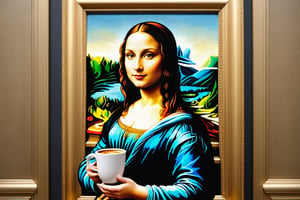 A complete and real replica of the iconic painting Mona Lisa. With the difference that Mona Lisa is holding a cup of steaming coffee. The overall atmosphere is intriguing, inviting viewers to ponder the familiar yet altered scenario.