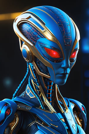 alien humanoid, artwork of a futuristic artificial intelligence superstar with frames made of detailed circuits. marvel studios concept art. artstation HQ. creative character blue/glass gold design for cyberpunk, red fiery eyes, intricate, elegant, 8k, highly detailed, digital painting, concept art, smooth, sharp focus, league of legends concept art