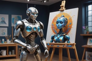 A futuristic 3D rendering of a nano-quantum robot standing in an art studio at an easel, painting a caricature. The robot, with a sleek metallic design and glowing blue accents, is intricately detailed with a human-like face and expressive eyes. The background reveals a tastefully decorated studio with various art tools and finished paintings on display, exuding a sense of creativity and innovation., painting, 3d render

