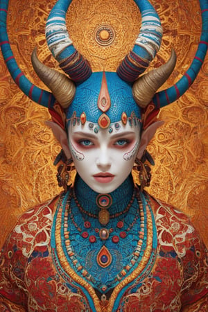 An impressive portrait of a mystical creature from Fantomas' imagination, presenting a captivating face with intricate patterns and colors. The creature's striking blue eyes are surrounded by ornate designs resembling tribal or spiritual markings. White and red patterns adorn the forehead and cheeks, seamlessly blending with the horns that protrude from the top of the head. The blurred golden background accentuates the face, creating a warm and ethereal atmosphere.