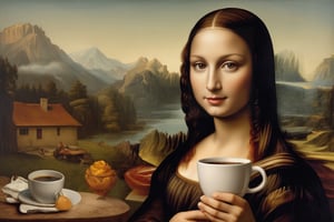 A fascinating and modern twist on the iconic Mona Lisa painting. Instead of the traditional smile and mysterious gaze, the Mona Lisa holds a cup of steaming coffee with a hint of caramel-colored cream. The overall atmosphere is playful and intriguing, inviting viewers to ponder the familiar yet altered scenario.