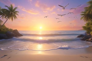 A mesmerizing sunset scene captures the perfect moment when the sun dips below the horizon, casting a breathtaking blend of vibr
ant oranges, pinks, and yellows across the sky. The crystal-clear waters of the sea gently lap against the pristine, sandy white beach, which stretches out as far as the eye can see. The dynamic and breathtaking scene is further enhanced by seagulls soaring high in the sky and swaying palm trees rustling in the gentle breeze. The calming atmosphere invites you to immerse yourself in the tranquility and let the peacefulness wash over you.,ink 