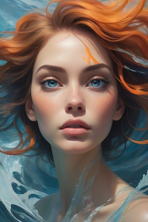 A photo of a mesmerizing digital artwork showcasing an abstract portrait of a woman's face. The woman has a simplified yet expressive face with bold strokes of paint. Her eyes are elegantly obscured by layered textures, adding a mysterious allure to her expression. Her skin is in an ethereal mix of shimmering sky blue and orange, evoking underwater light filtering through the sea. The background is a chaotic blend of deep deep blue and lime-beige, representing the depths of the ocean, with vibrant, contrasting colors swirling around her face, mimicking water's fluidity and sea life's movement. Her hair flows seamlessly into the background, depicted as abstract waves with dynamic energy.