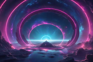 A futuristic spaceship from the future, with a sleek and modern design, is seen passing through a rotating wormhole. Decorated with bright neon lights and has multi-dimensional symbols on its surface. The wormhole, a gateway to a higher dimension, is filled with vibrant colors and intricate patterns, creating a mesmerizing visual effect. In the background is a distant galaxy, with stars and nebulae twinkling in the vastness of space.
