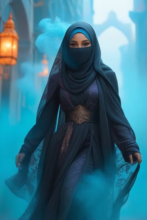 A visually stunning and surreal digital painting featuring an ethereal woman wearing a full hijab and mecha arms. Her flawless facial detailing is captured in radiant colors, as she gracefully rises from the veils of luminosity and smoke. The dreamy backdrop showcases her weightless movement, with silhouette style elements and a photorealistic finish. The ultra-detailed and exceptionally clear image showcases intricate details, making it a breathtaking masterpiece in the realm of digital art.
