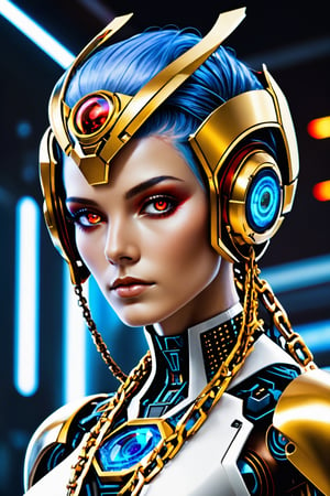 Please generate, alien human-like humanoid, futuristic AI superstar artwork with frames made of detailed chains. concept art by Marvel Studios. artstation headquarters. creative character blue/glass gold design for cyberpunk, red fire eyes, intricate, elegant, 8k, highly detailed, digital painting, concept art, smooth, sharp focus, concept art League of Legends, 80sFashionRobot