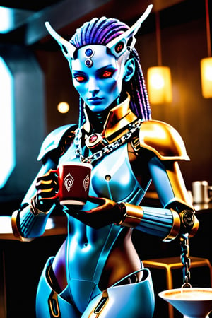 Please generate, alien human-like humanoid, holding a steaming cup of aromatic coffee in one hand, written by the humanoid Fedya himself, artwork of a futuristic artificial intelligence superstar with frames made of detailed chains. concept art by Marvel Studios. artstation headquarters. creative character blue/glass gold design for cyberpunk, red fire eyes, intricate, elegant, 8k, highly detailed, digital painting, concept art, smooth, sharp focus, concept art League of Legends, 80sFashionRobot