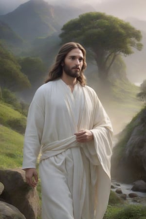 An exquisite, high-resolution 8k illustration of Jesus Christ, displayed with striking realism and detail. He is shown with a serene expression, long hair, and a beard, exuding a profound spiritual aura. Jesus is dressed in a flowing, billowing robe, and the scene is enveloped in a divine light. The peaceful, lush landscape behind him features rolling hills, a winding path, and a shimmering river, epitomizing the tranquility and wisdom associated with the religious figure.