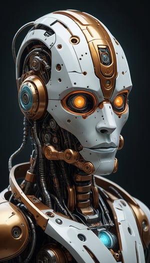 Please generate, scifi fantasy illustration beautiful robot, in the style of realistic ultra-detailed portraits, dark white and orange, classic portrait, dark gold and aquamarine, realistic detail, hard edge, technological marvels, with the inscription "Fantomas".