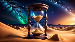 a detailed 8k illustration, an hourglass close to the camera on the sand in the middle of desert at night in front of a muslim man prostrating further in the background, a majestic sky .  detailmaster2, 