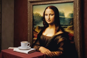 A complete and real replica of the iconic painting Mona Lisa. With the difference that Mona Lisa is holding a cup of steaming coffee. The overall atmosphere is intriguing, inviting viewers to ponder the familiar yet altered scenario.