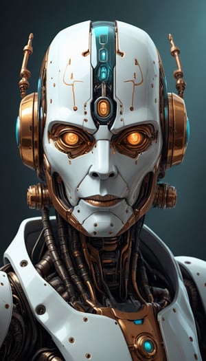 Please generate, scifi fantasy illustration beautiful robot, in the style of realistic ultra-detailed portraits, dark white and orange, classic portrait, dark gold and aquamarine, realistic detail, hard edge, technological marvels, with the inscription "Fantomas".