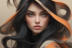 In this striking and enigmatic digital portrait, artist Fedya masterfully captures the essence of a mysterious woman with eyes hidden behind a veil of dark hair. Her loose, flowing hair is painted with dynamic strokes of black and subtle hints of yellow, against a muted color palette of beige, brown and red. The Less Contrast technique used in this artwork creates a unique negative space, creating the illusion of depth and dimension. The woman's features are elongated and stylized, with a smooth gradient from dark to bright neon orange, adding a captivating and modern touch to the piece. The white background emphasizes the vivid colors and shapes, and the minimalist, modern and abstract composition harmoniously complements the object. The masterful use of broad brushstrokes and skillful blending of colors immerses the viewer, fashion, poster, graffiti, concept art, wildlife photography, painting, dark fantasy, portrait photography, live, anime, cinematic, 3D visualization, typography, ukiyo- e, illustration, photo, product, architecture