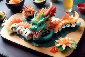 Dragon-themed sushi, where the culinary artistry blends Japanese cuisine and mythical inspiration. The dish showcases meticulously crafted sushi rolls resembling dragons, with avocado scales, fish fillet bodies, and seaweed wings. The dragon's head, often formed from a combination of ingredients, adds a visually stunning and flavorful touch. This creative fusion not only satisfies the palate with delicious sushi but also captivates diners with its imaginative presentation.,Dragon,Dragon themed ,Chinese Dragon,Dragonyear ,1dragon