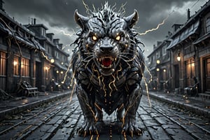 Generate hyper realistic image of a monstrous creature with crackling electricity coursing through its body, its thunderous roar shaking the very air around the viewer's face, as it descends upon a village, unleashing bolts of lightning that electrify the surroundings.
