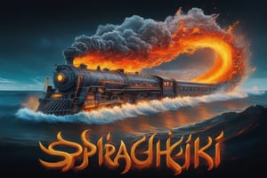 A mesmerizing scene of a futuristic train made entirely of flames emerging from a giant wave. The word "Spirachki" is displayed prominently below, also blazing with bright flames, adding to the overall fiery effect. In the background is a calm but powerful ocean, with waves gently rolling and crashing on the shore.

