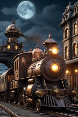 night time,realistic photo of dragon train,a steampunk style,(masterpiece),(best quality),wheels, dragon train on railroads ,steam ,moon night,perfect lighting, post-apocalyptic world,steampunk station background,buildings background,wide angle:1.5,dragon train,ste4mpunk