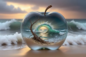 Imagine a photograph capturing an extraordinary and surreal subject, a transparent apple, crystal clear and perfectly formed, revealing a highly detailed, tumultuous miniature sea raging within. The apple sits boldly in the center of the frame, its smooth, glass-like surface reflecting light and offering a window into the dynamic scene inside. Within, the stormy sea is a marvel of miniaturization - tiny waves crest and crash with realistic ferocity, and if one looks closely, a ((sexy woman)) there, minute flashes of lightning and swirls of wind can be discerned, adding to the tempest's drama. The background of the photo is intentionally with naked gentle lady laying on the beach , neutral color or a subtle gradient, ,more detail XL,booth,p3rfect boobs
