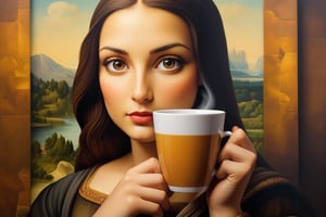 A fascinating and modern twist on the iconic Mona Lisa painting. Mona Lisa holds a cup of steaming coffee with a hint of caramel-colored cream. The overall atmosphere is playful and intriguing, inviting viewers to ponder the familiar yet altered scenario.
