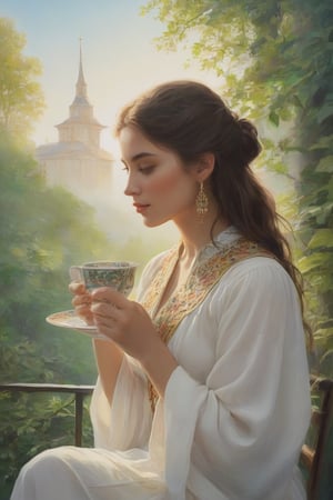 A serene watercolor painting, from Fedya's imagination, captures a close-up portrait of a young woman dressed in a Bulgarian folk costume, sipping tea from a delicate cup. She enjoys the view of vibrant green leaves framed by a minimalist glass window, allowing the warm sunlight to filter through and cast a gentle glow on her delicate features. The intricate details of the leaves and the woman's face are highlighted by this golden light. The backdrop reveals a harmonious blend of nature and modern architecture, with towering structures peeking through the greenery. The overall atmosphere evokes a sense of calm and unity between the natural world and the urban environment, which makes this picture a true work of art, painting, illustration and the beauty of Bulgaria.