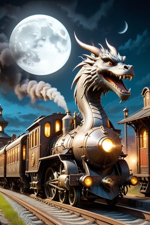 night time,realistic photo of dragon train,a steampunk style,(masterpiece),(best quality),wheels, dragon train on railroads ,steam ,moon night,perfect lighting, post-apocalyptic world,steampunk station background,buildings background,wide angle:1.5,dragon train,ste4mpunk,style of Edvard Munch,DonM3l3m3nt4lXL