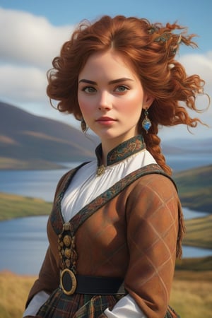 A stunning full-length portrait of a woman dressed in traditional Scottish folk costume. It is decorated with intricate patterns and vibrant colors that highlight Scotland's cultural heritage. The woman's hair is brown and up, styled elegantly. The background is a beautiful landscape from Scotland and a sunlit sky, reflecting the rich beauty of Scotland. From Fantomas