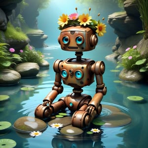rusty robot siting  stone , water lack side , deeping foot in water ,feel apset , flower crown on head fantacy [(masterpiece, top quality, best quality, , ,3D Render Style,3DRenderAF