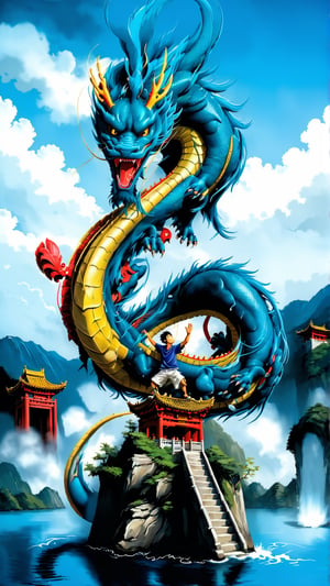 1 blue dragon,An oriental blue dragon soaring into the sky, clutching the Yeouiju in its front paws, He is holding a red or yellow bead in his front paw.A dragon rising from the blue water, writhing, breaking through the clouds and ascending to the sky. It kicks up the water with its tail and water droplets splash in all directions.The head is stretched out towards the sky,There is a beautiful view of the land in the distance. Blue dragon flying towards the sky,all body,Movie Poster