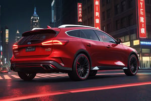 Captivating cinematic image of a futuristic car Ford focus station wagon, red glow, with aerodynamic lines and elegant edges, shining in a red shade. "FEDYA" is written on the license plate. The car speeds along a deserted street, creating a sense of movement and exhilaration. The backdrop features an animated, neon-lit cityscape, with flashing and dancing holographic advertisements adding to the dynamic atmosphere. The engine roars and the exhaust flames glow fiery red. The overall mood of the image is dynamic, immersive and futuristic, cinematic., photo, 3d visualization, poster, cinematic