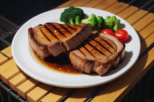 Please generate a picture of grilled pork steak, , homemade , night time, Instagram quality, home atmosphere, close-up, natural,