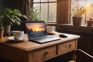 A captivating image of a beautiful sunrise. The scene captures the serene beauty of the early morning light, with a gentle breeze rustling the leaves. A charming, old-fashioned computer sits on a wooden table, next to it is a new, surreal computer from the future. The table is decorated with a steaming cup of coffee and a plate of freshly baked pastries. The new computer has a prominent "Fantomas" logo. A warm, cozy atmosphere fills the air, inviting a sense of peace and tranquility.