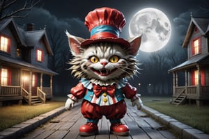 A chilling 3D render of a twisted horror cat dressed as a dark clown. The cat has a sinister grin, sagging eyes, and a deformed face. It's wearing a tattered red and white striped outfit, complete with oversized shoes and a floppy hat. The background is dark and eerie, with a haunted atmosphere, featuring a dilapidated house and a full moon. The overall tone of the image is of sadness and sarcasm, with a touch of horror., photo, 3d render
