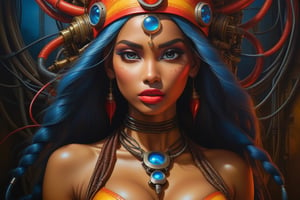 Please create a masterpiece, stunning beauty, blue eyes, big breasts, perfect face, epic love, machine slave, full body, light caramel skin, hyperrealistic oil painting, bright vivid red, yellow and orange colors, with a dark and gloomy background. Body horror, wires, long indian war hat, , cyborg by Peter Gric, Hans Ruedi Giger, Marco Mazzoni, dystopia, golden light, perfect composition, col, , , , , ,isni,Monster,HellAI