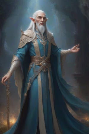 An incredible and exquisite renaissance painting, from Fedya's imagination, capturing the essence of a towering high elf wizard standing tall and proud. The high elven mage wields a mighty, glowing staff adorned with intricate details. With white hair, beige-yellow skin, and an angular, smooth, alien-like face, he displays distinctive pointed elven ears. He is draped in vivid, opulent and clearly saturated magical robes with flowing silky smooth fabric adorned with glowing gems and an intricate, long pointed collar. The backdrop reveals a haunting and mystical landscape, adding depth and wonder to this mesmerizing scene.