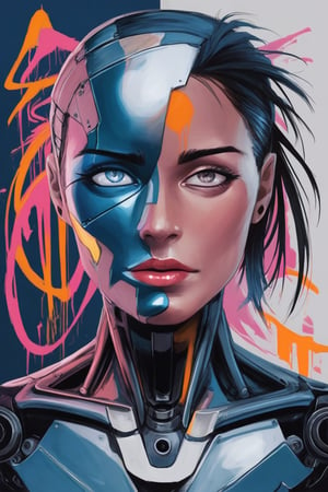 An abstract graffiti punk portrait of a woman whose right side is encased in smooth, angular cybernetic implants that glow a metallic blue hue. Her human side is marked by expressive strokes of neon pink, bright orange and deep sea blue, creating a sense of movement and energy. Her cybernetic eye glows faintly, casting shadows on her metal face, while her human eye glows with a wary intensity. The background pulses with a fluid mix of graffiti patterns and abstract shapes, seemingly drawing her into the chaotic scene. Final strokes of impasto add texture to her face, the paint seeming to lift off the canvas, adding depth to the fusion of man and machine. The contrast between the sharp, reflective metal and the fluid, chaotic movements of the brush add tension to the work, making it feel alive and full of energy.


