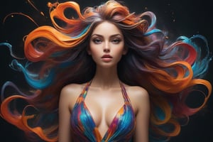A striking digital masterpiece by Fedya Serafiev featuring a captivating female figure. The subject is beautifully engulfed in an explosionof colorful, paint-like patterns, creating a mesmerizing visual experience. Her cascading hair flows gracefully, intertwined with vibrant splashes that mimic dripping paint, showcasing a fusion of nature and art. The dark backdrop intensifies the brilliance of the colors adorning her form, evoking a sense of freedom, creativity, and the limitless expression of emotion. This piece captures the essence of artistic liberation and the boundless potential of human expression, inspiring viewers to explore the depths of their own creativity.